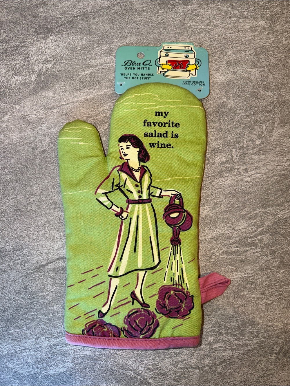 Blue Q Lime Green Oven Mitt with Pink Trim - 'My Favorite Salad Is Wine'